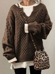 Comfortable Cable Knit Sweater for Women with V Neck Long Sleeve Oversized Relaxed Casual Style