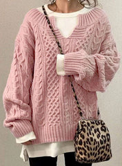 Comfortable Cable Knit Sweater for Women with V Neck Long Sleeve Oversized Relaxed Casual Style