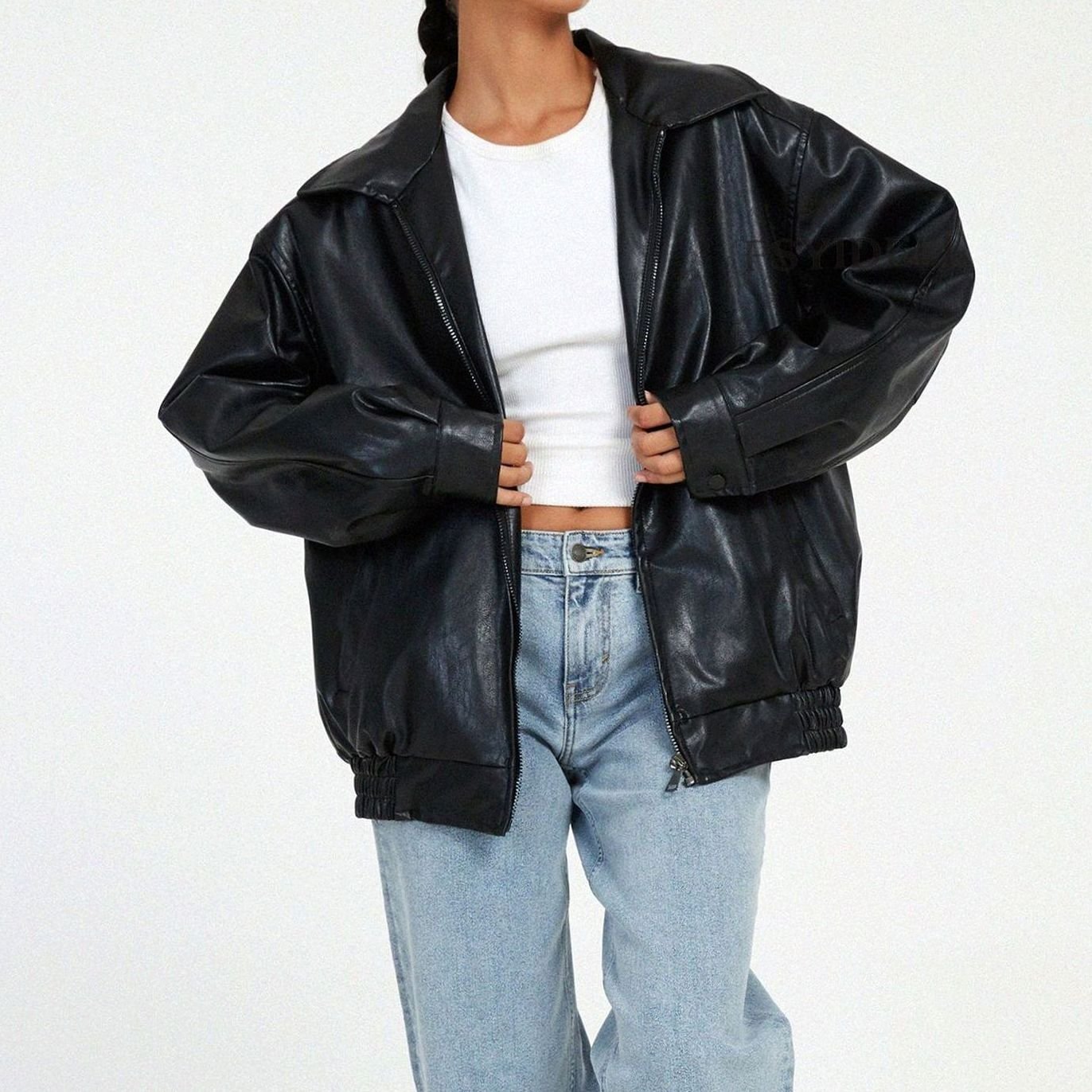 Sleek Oversized Faux Leather Jacket for Women with Zip Front Drop Shoulder Relaxed Trendy Style