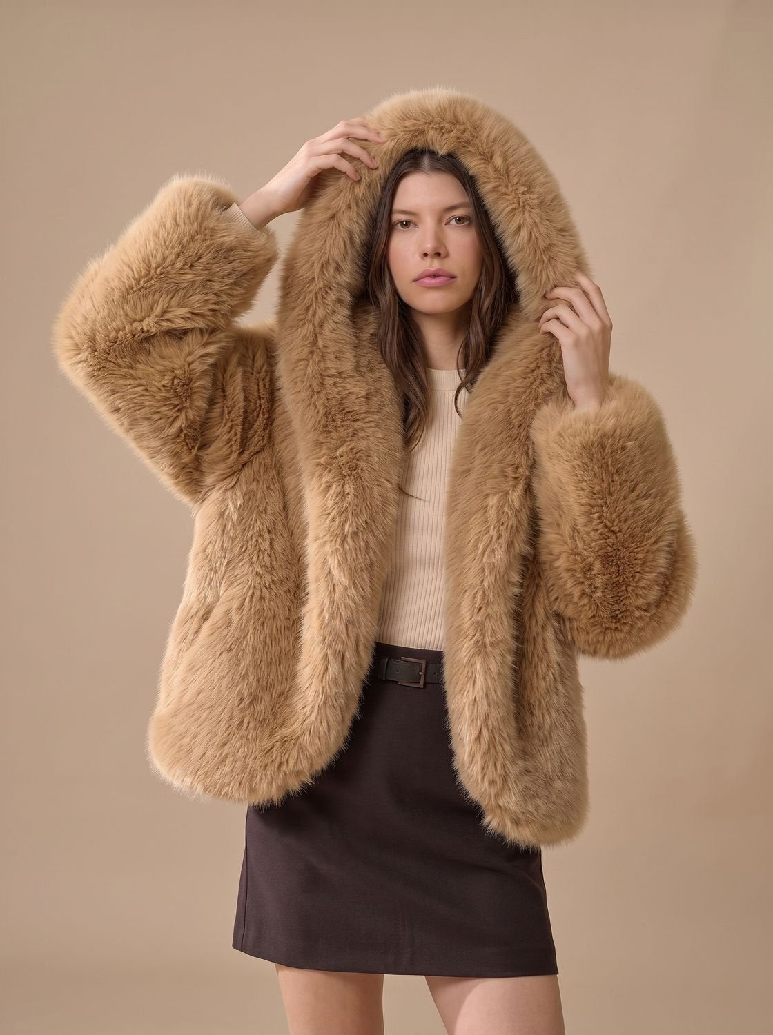 Cozy Faux Fur Coat for Women with Hooded Collar Long Sleeve Fluffy Oversized Winter Style