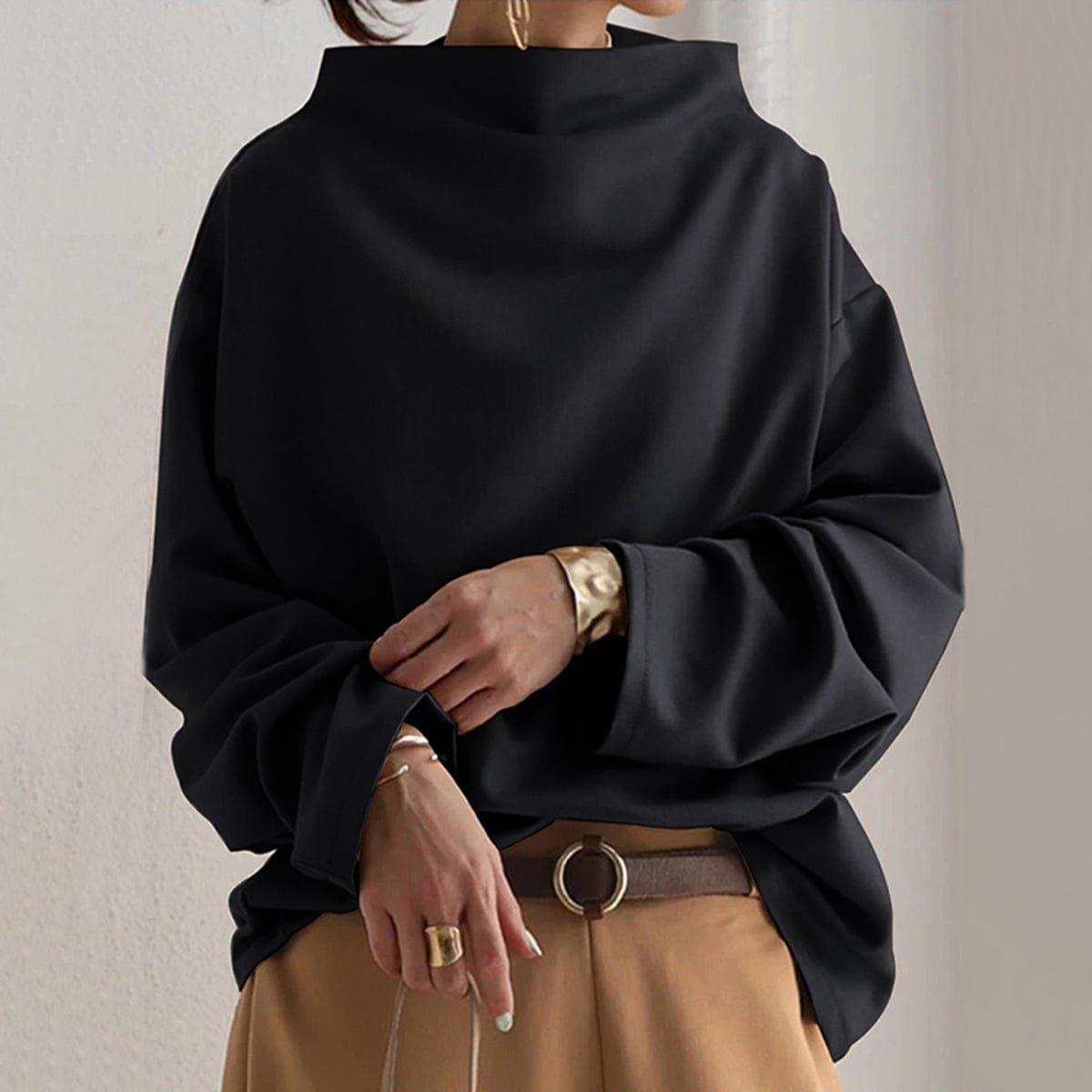 Cozy Black Oversized Sweater for Women with Mock Neck Long Sleeve Relaxed Knit Pullover Style