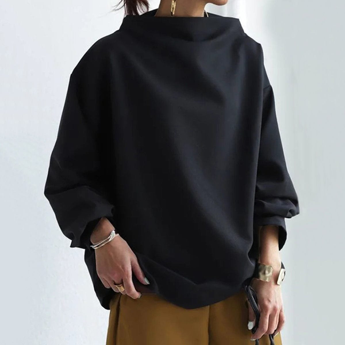 Cozy Black Oversized Sweater for Women with Mock Neck Long Sleeve Relaxed Knit Pullover Style