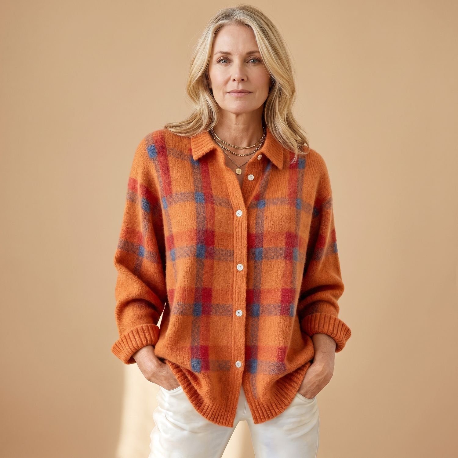 Cozy Plaid Knit Cardigan Sweater for Women with Button Front Long Sleeve Oversized Shacket Style