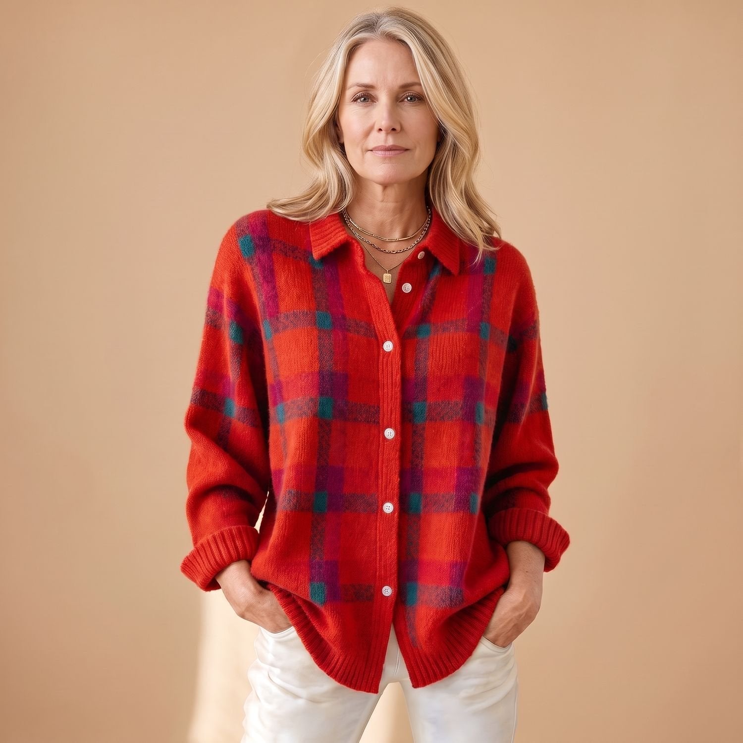 Cozy Plaid Knit Cardigan Sweater for Women with Button Front Long Sleeve Oversized Shacket Style