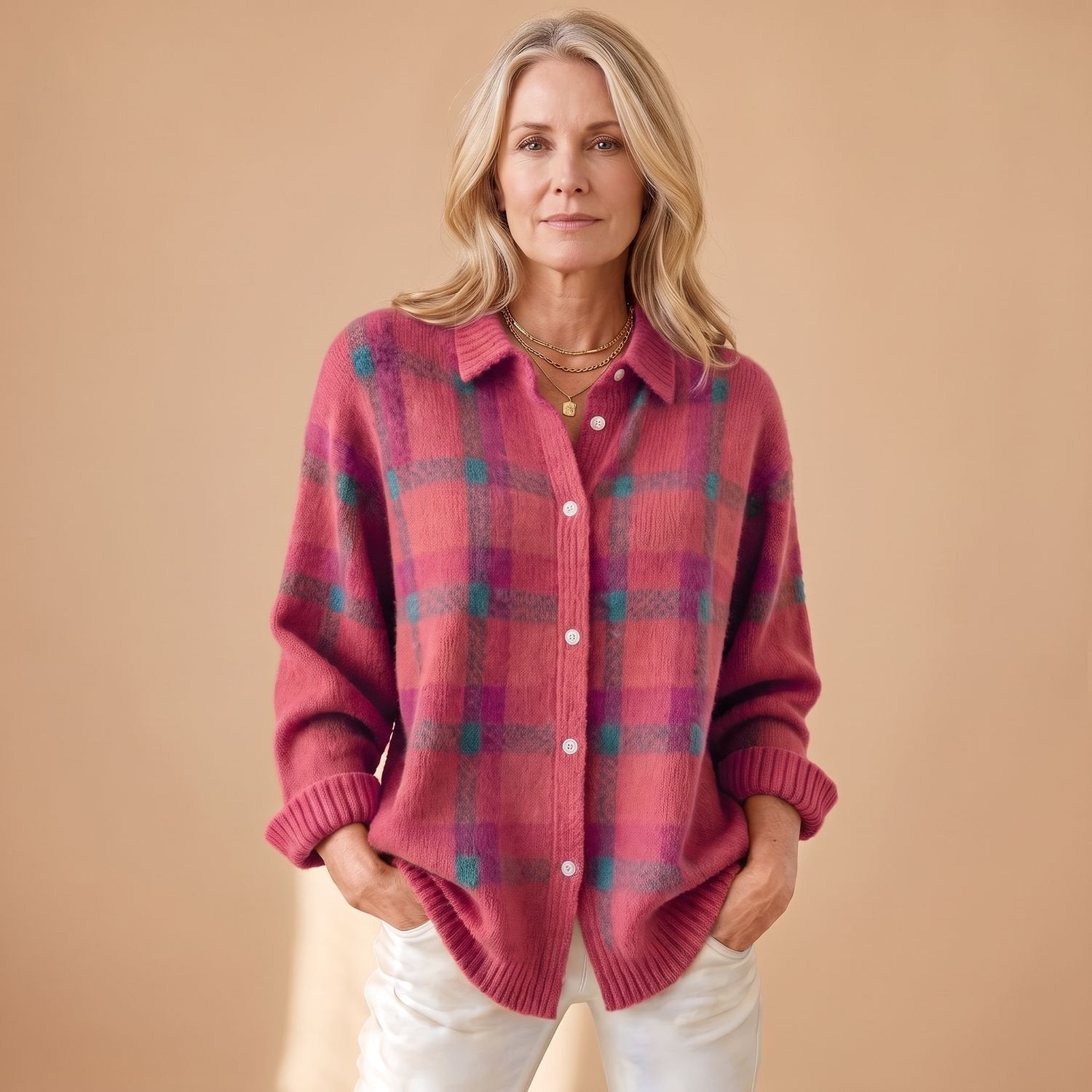 Cozy Plaid Knit Cardigan Sweater for Women with Button Front Long Sleeve Oversized Shacket Style