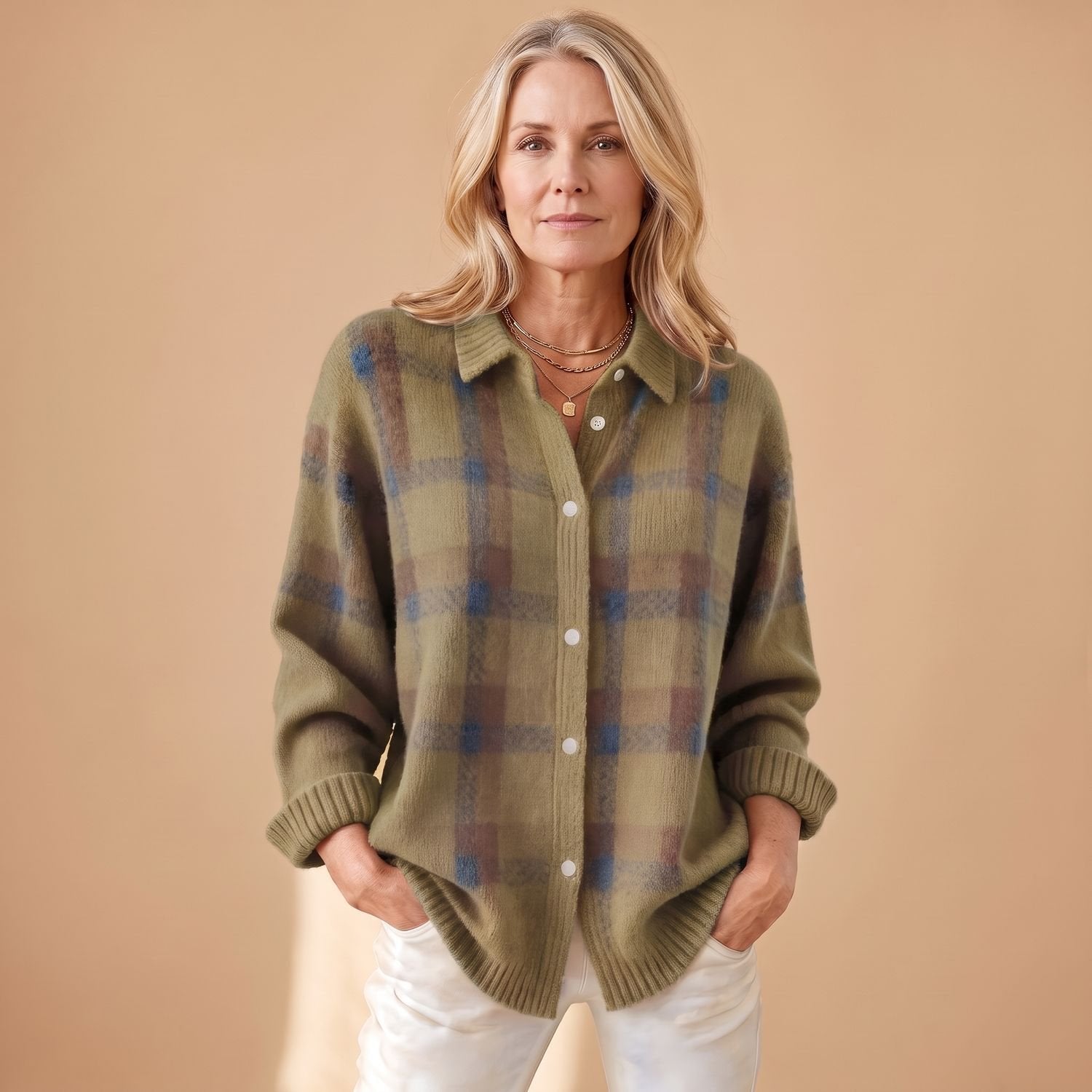 Cozy Plaid Knit Cardigan Sweater for Women with Button Front Long Sleeve Oversized Shacket Style