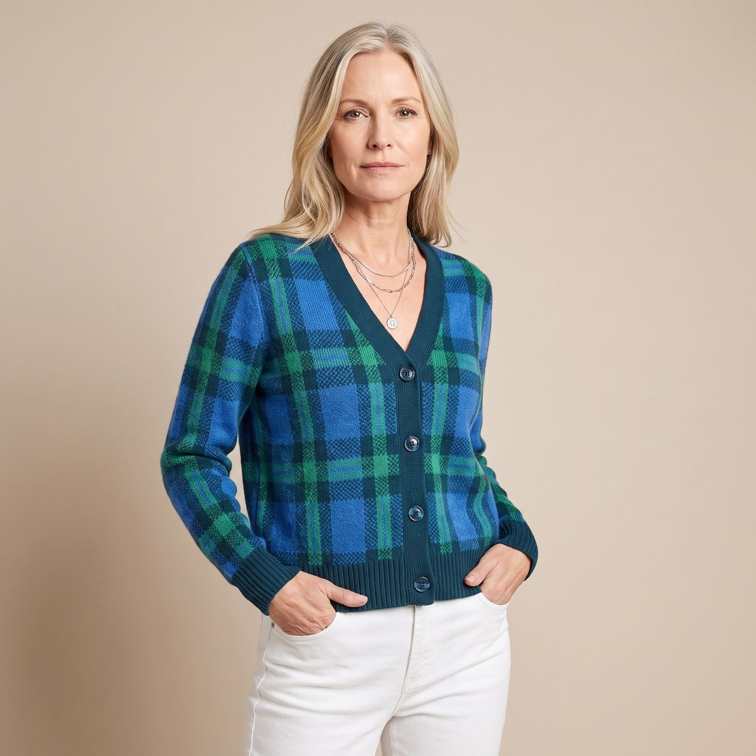 Cozy Plaid Knit Cardigan Sweater for Women with Button Front Long Sleeve Oversized Shacket Style