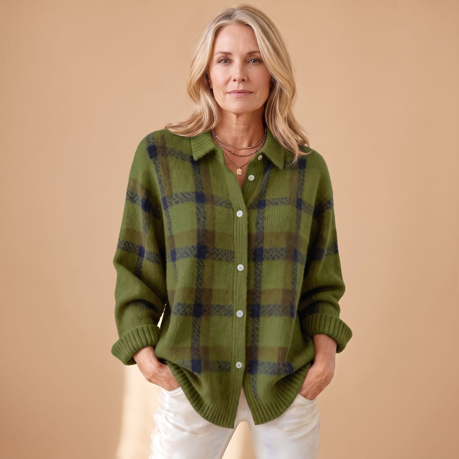 Cozy Plaid Knit Cardigan Sweater for Women with Button Front Long Sleeve Oversized Shacket Style