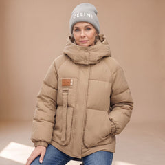 Cozy Black Puffer Jacket for Women with Hooded Collar Zip Up Quilted Oversized Winter Style