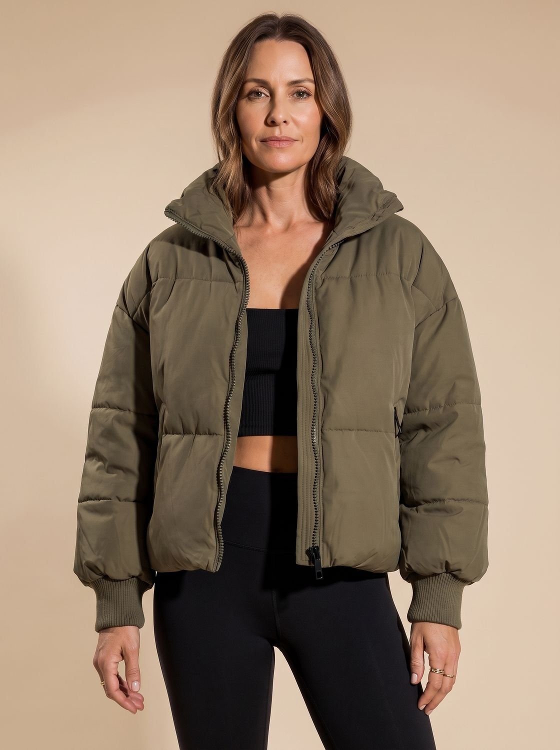 Cozy Oversized Puffer Jacket for Women with Stand Collar Long Sleeve Quilted Zip Winter Style