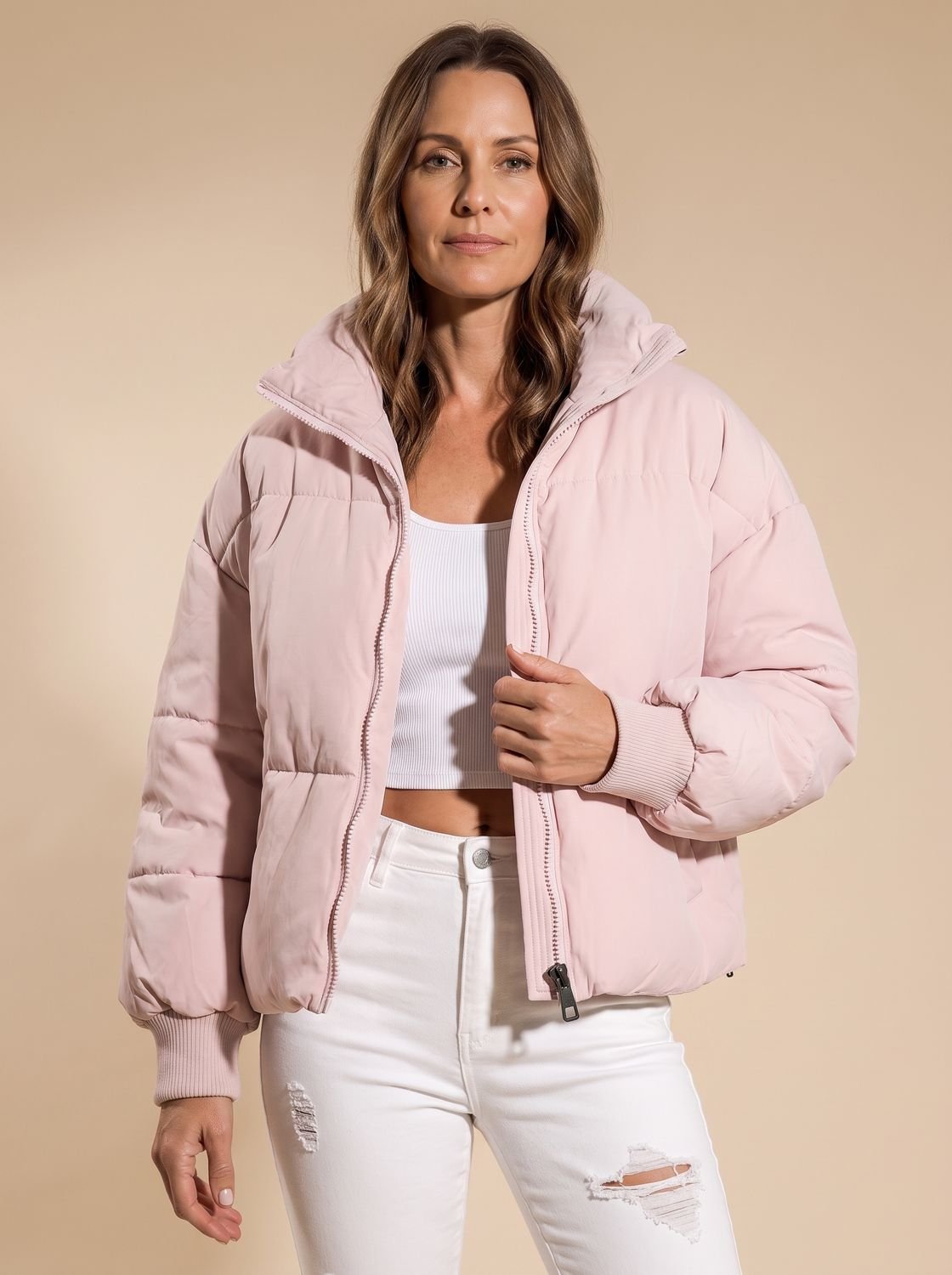 Cozy Oversized Puffer Jacket for Women with Stand Collar Long Sleeve Quilted Zip Winter Style