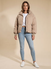 Cozy Oversized Puffer Jacket for Women with Stand Collar Long Sleeve Quilted Zip Winter Style