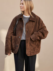 Cozy Brown Faux Suede Shearling Jacket for Women with Collar Long Sleeve Button Front Oversized Style