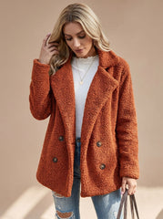 Cozy Teddy Fleece Coat for Women with Notched Lapel Long Sleeve Double Breasted Oversized Style