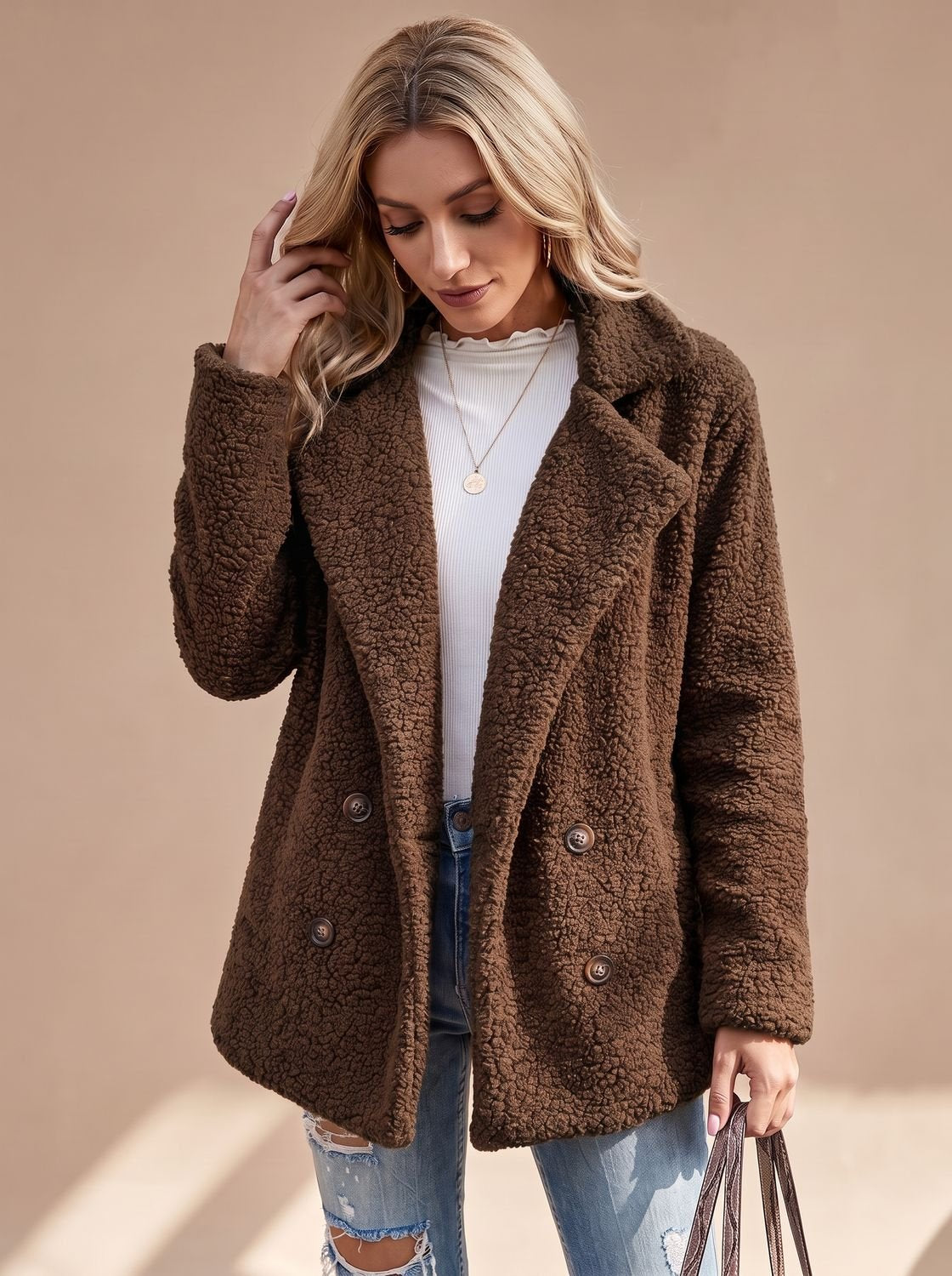 Cozy Teddy Fleece Coat for Women with Notched Lapel Long Sleeve Double Breasted Oversized Style