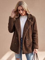 Cozy Teddy Fleece Coat for Women with Notched Lapel Long Sleeve Double Breasted Oversized Style