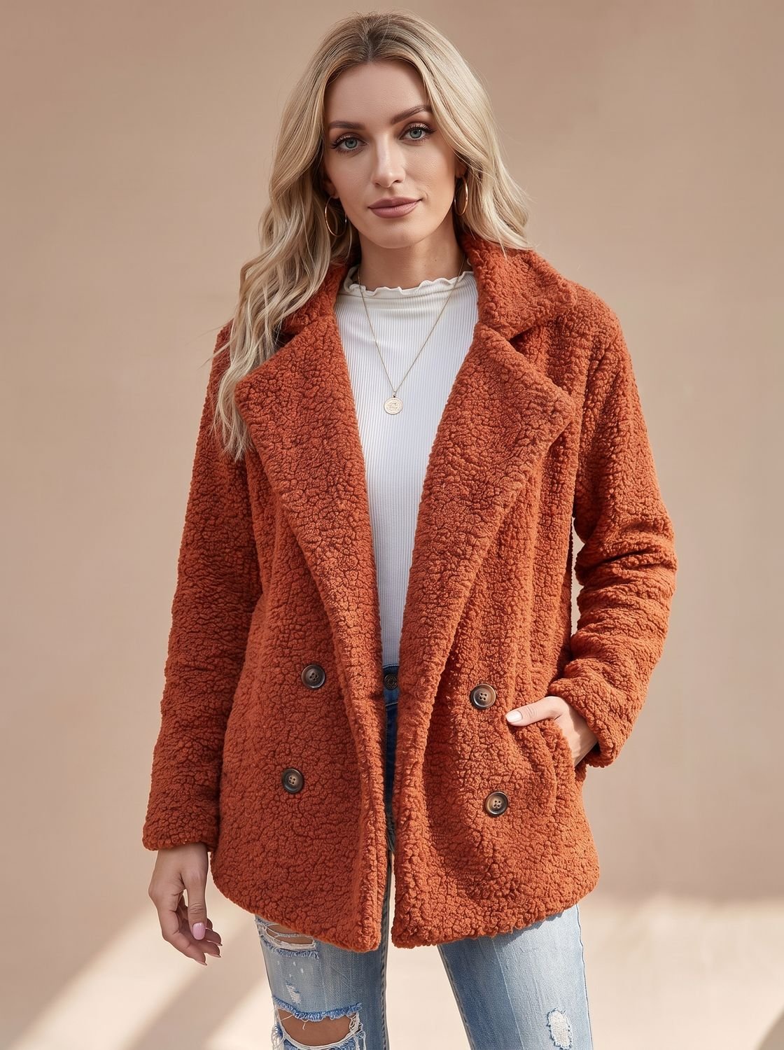 Cozy Teddy Fleece Coat for Women with Notched Lapel Long Sleeve Double Breasted Oversized Style