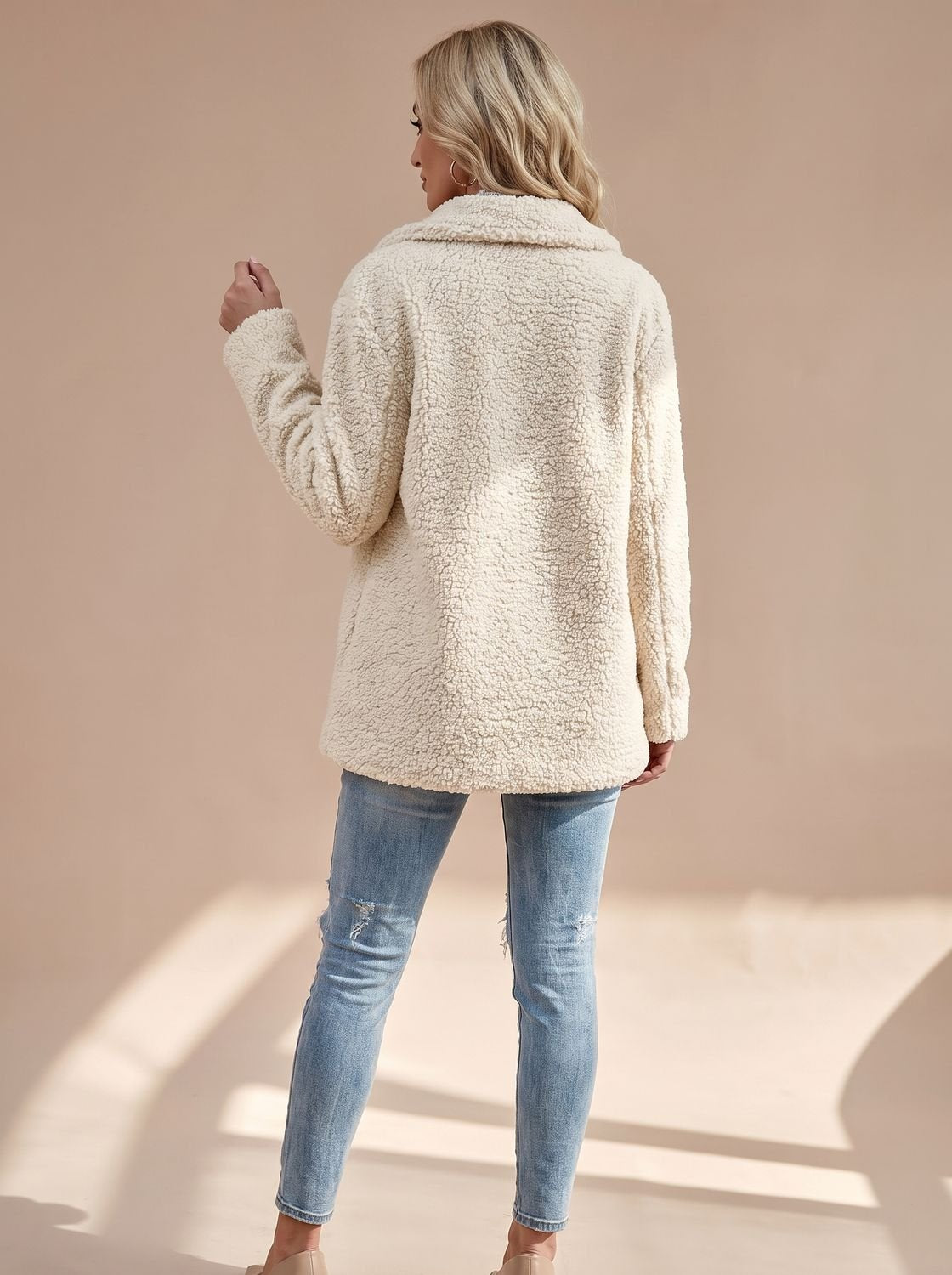 Cozy Teddy Fleece Coat for Women with Notched Lapel Long Sleeve Double Breasted Oversized Style