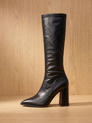 Chic Faux Leather Knee High Boots for Women with Pointed Toe Chunky Block Heel Pull-On Style