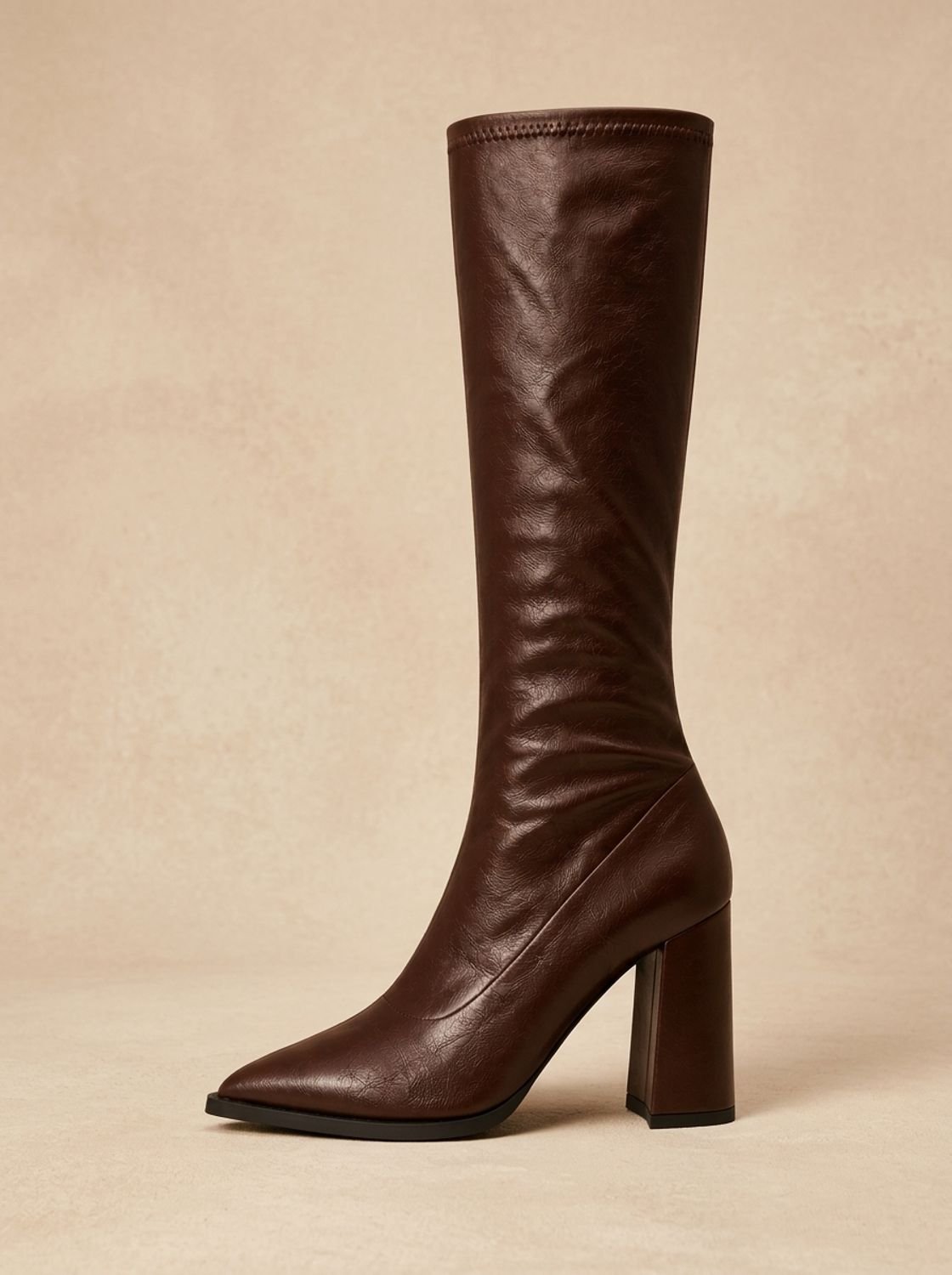 Chic Faux Leather Knee High Boots for Women with Pointed Toe Chunky Block Heel Pull-On Style