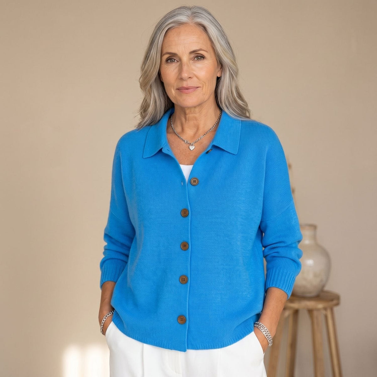 Cozy Blue Knit Cardigan Sweater for Women with Polo Collar Button Front Long Sleeve Oversized Style