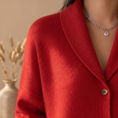 Cozy Blue Knit Cardigan Sweater for Women with Polo Collar Button Front Long Sleeve Oversized Style