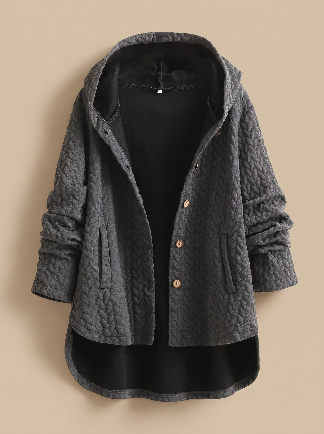 Cozy Quilted Hooded Coat for Women with Button Front Long Sleeve Asymmetric Cable-Knit Oversized Style