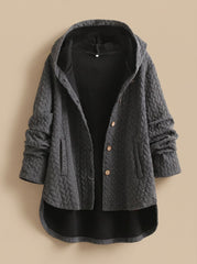 Cozy Quilted Hooded Coat for Women with Button Front Long Sleeve Asymmetric Cable-Knit Oversized Style