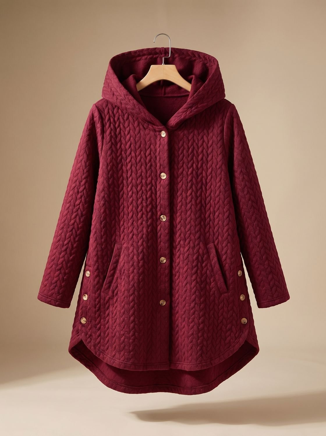 Cozy Quilted Hooded Coat for Women with Button Front Long Sleeve Asymmetric Cable-Knit Oversized Style