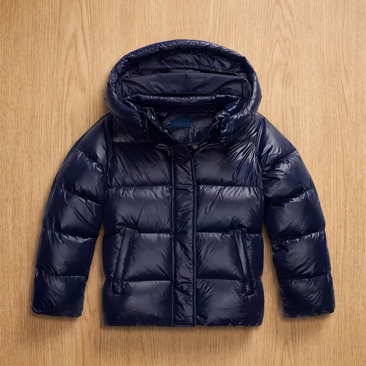 Cozy Navy Puffer Jacket for Women with Hooded Collar Full Zip Quilted Cropped Winter Style