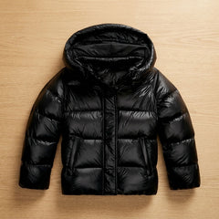 Cozy Navy Puffer Jacket for Women with Hooded Collar Full Zip Quilted Cropped Winter Style