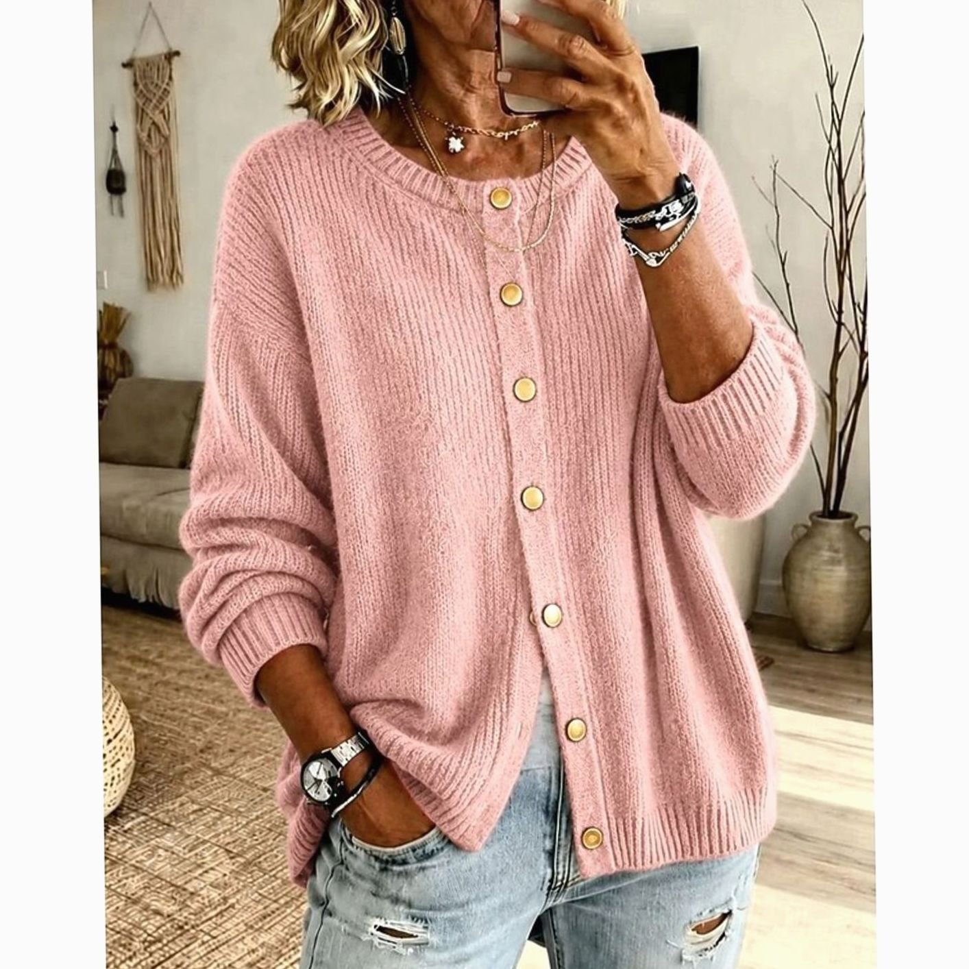 Cozy Knit Cardigan for Women with Round Neck Long Sleeve Button Front Oversized Style