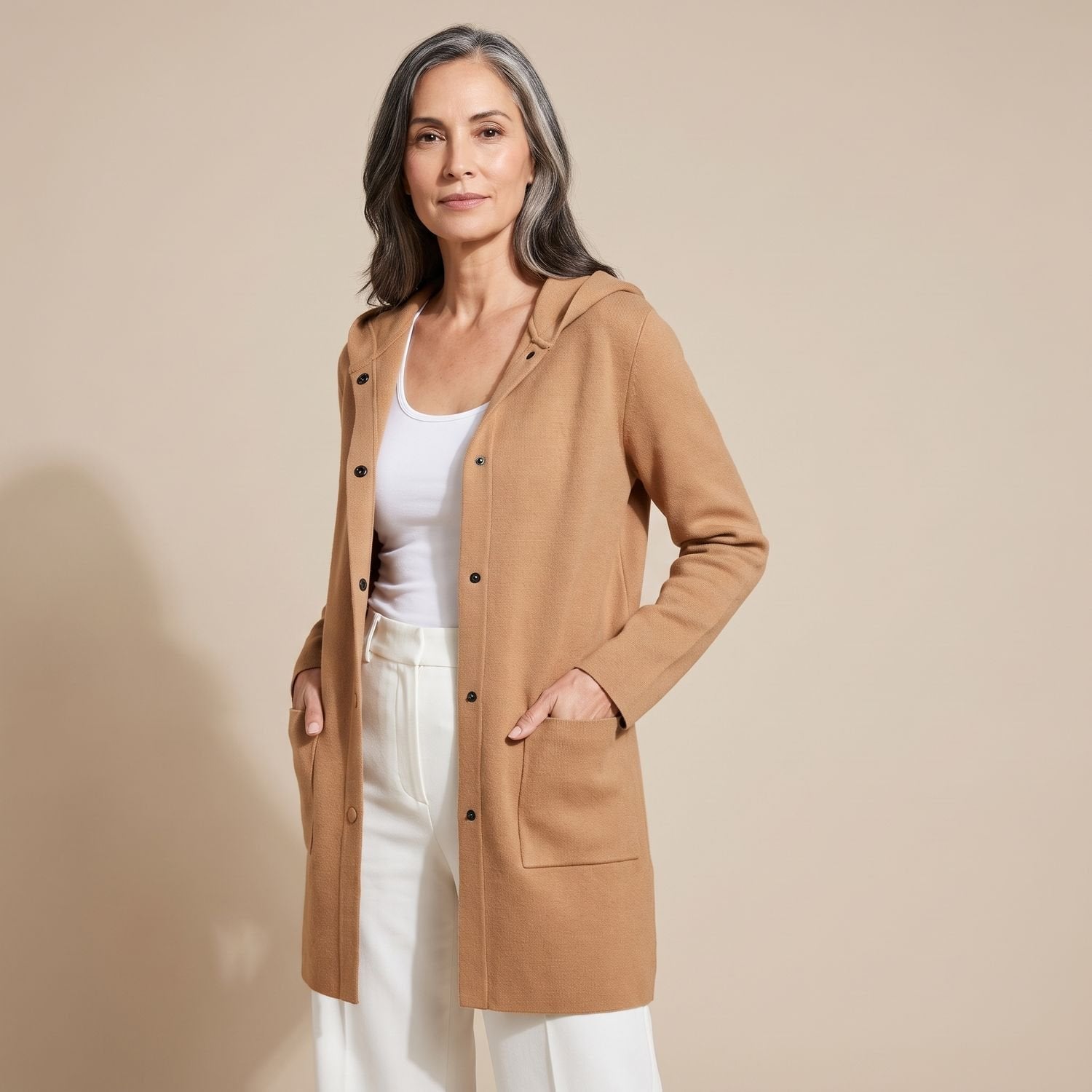 Cozy Red Wool Coat for Women with Hooded Collar Button Front Long Sleeve Relaxed Winter Style