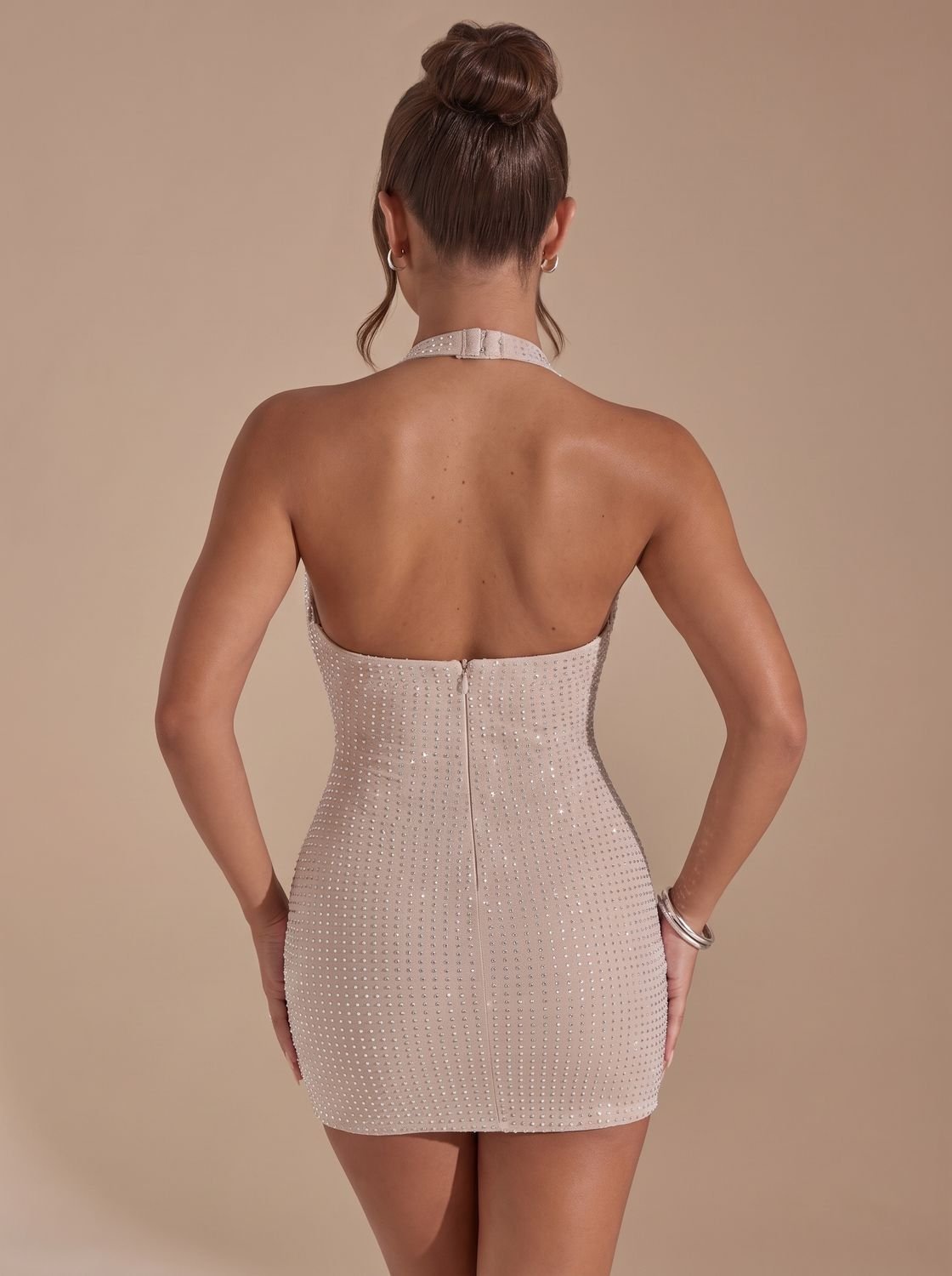 Elegant Rhinestone Cocktail Mini Dress for Women with Cowl Neck Halter Backless Bodycon Christmas Party Style