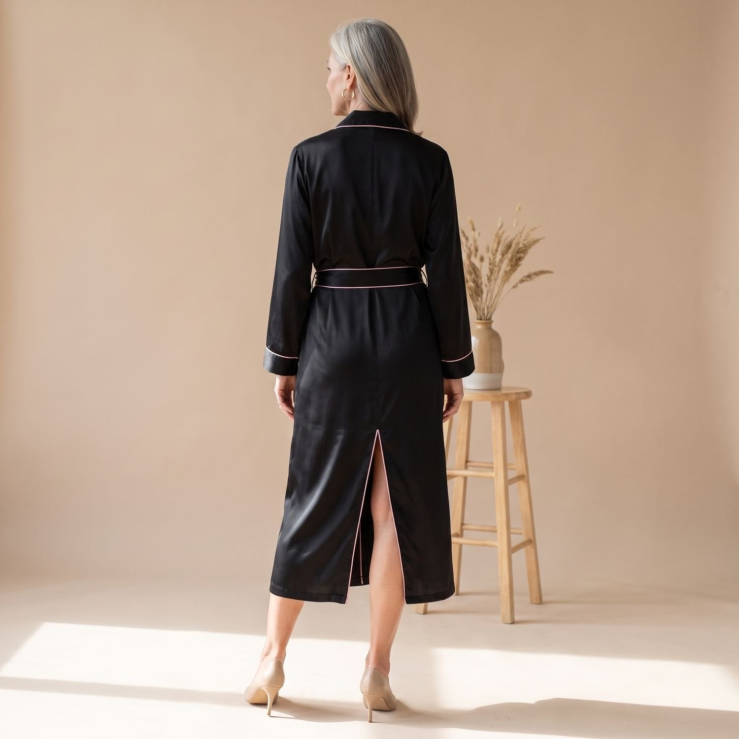 Elegant Satin Robe for Women with Belted Long Sleeve Contrast Trim Lightweight Sleepwear Style