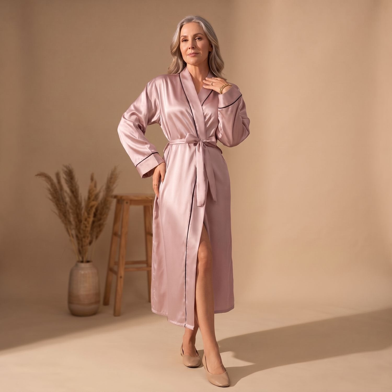 Elegant Satin Robe for Women with Belted Long Sleeve Contrast Trim Lightweight Sleepwear Style