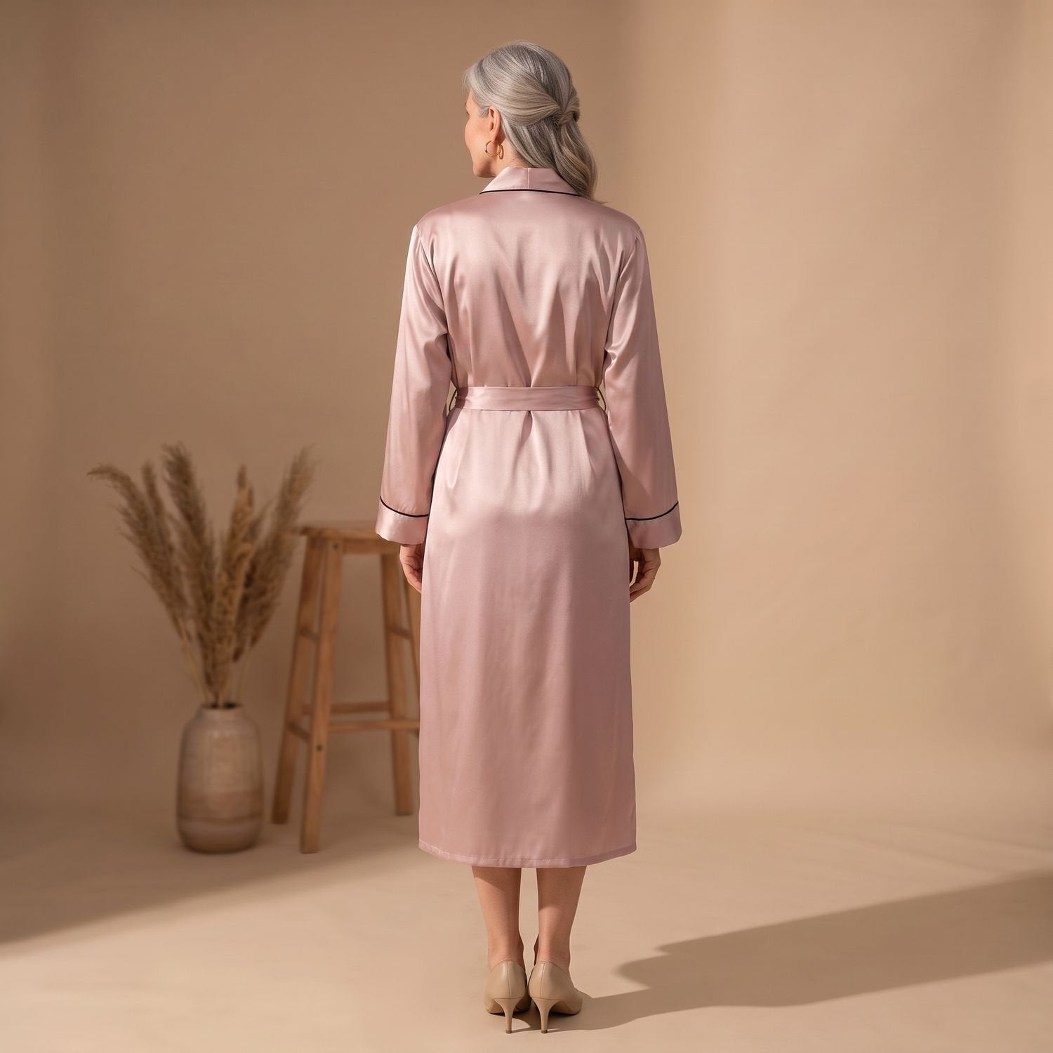 Elegant Satin Robe for Women with Belted Long Sleeve Contrast Trim Lightweight Sleepwear Style