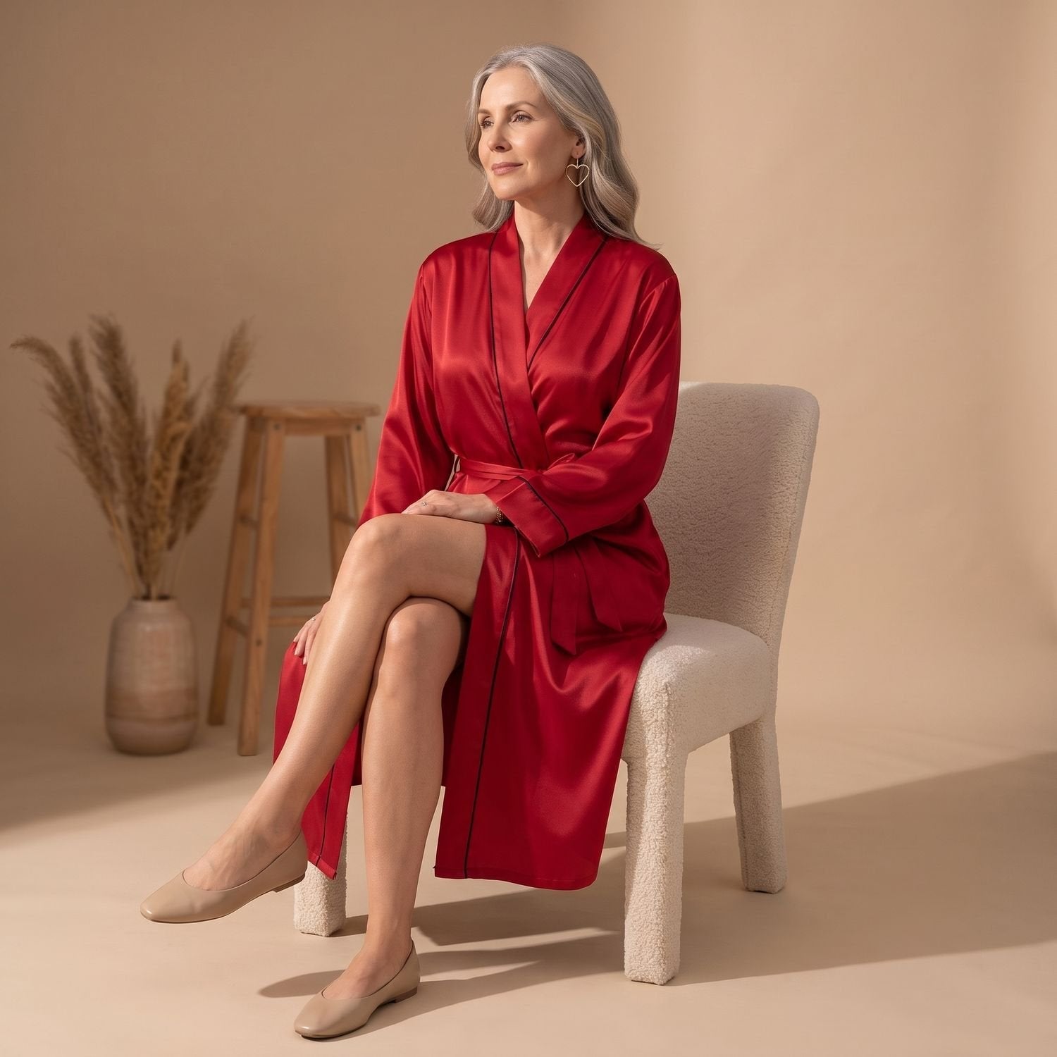 Elegant Satin Robe for Women with Belted Long Sleeve Contrast Trim Lightweight Sleepwear Style