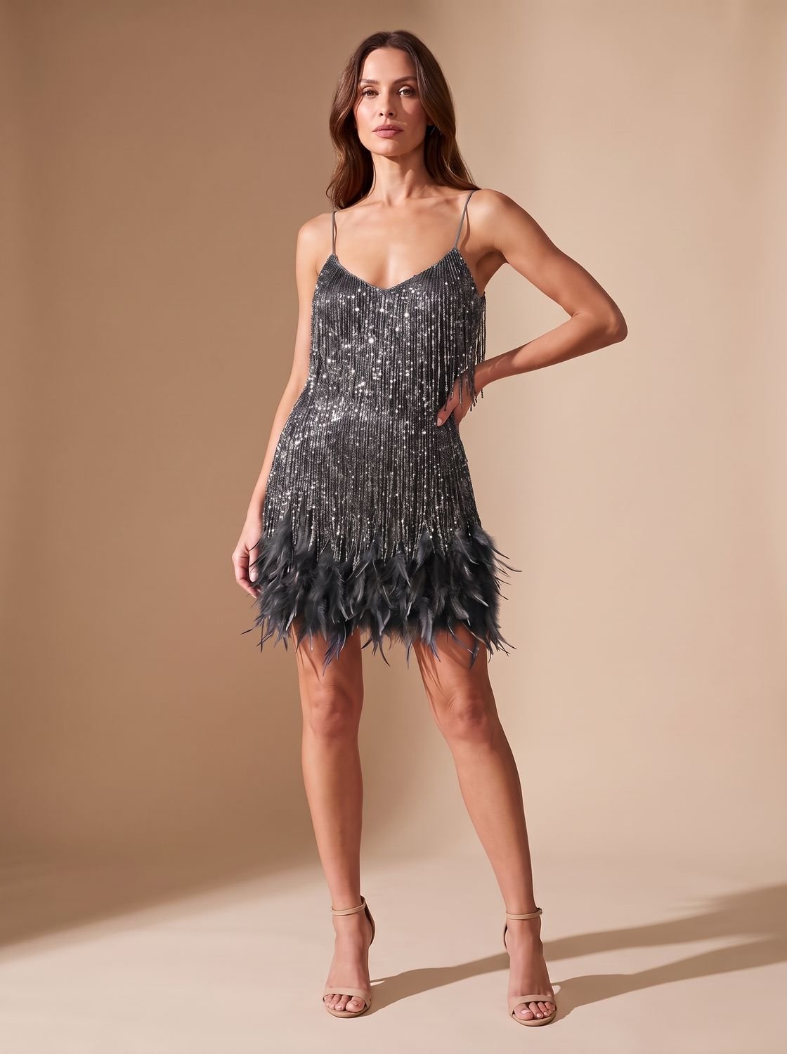 Elegant Sequin Cocktail Mini Dress for Women with Spaghetti-Strap Beaded-Fringe Feather Christmas Holiday Party Style