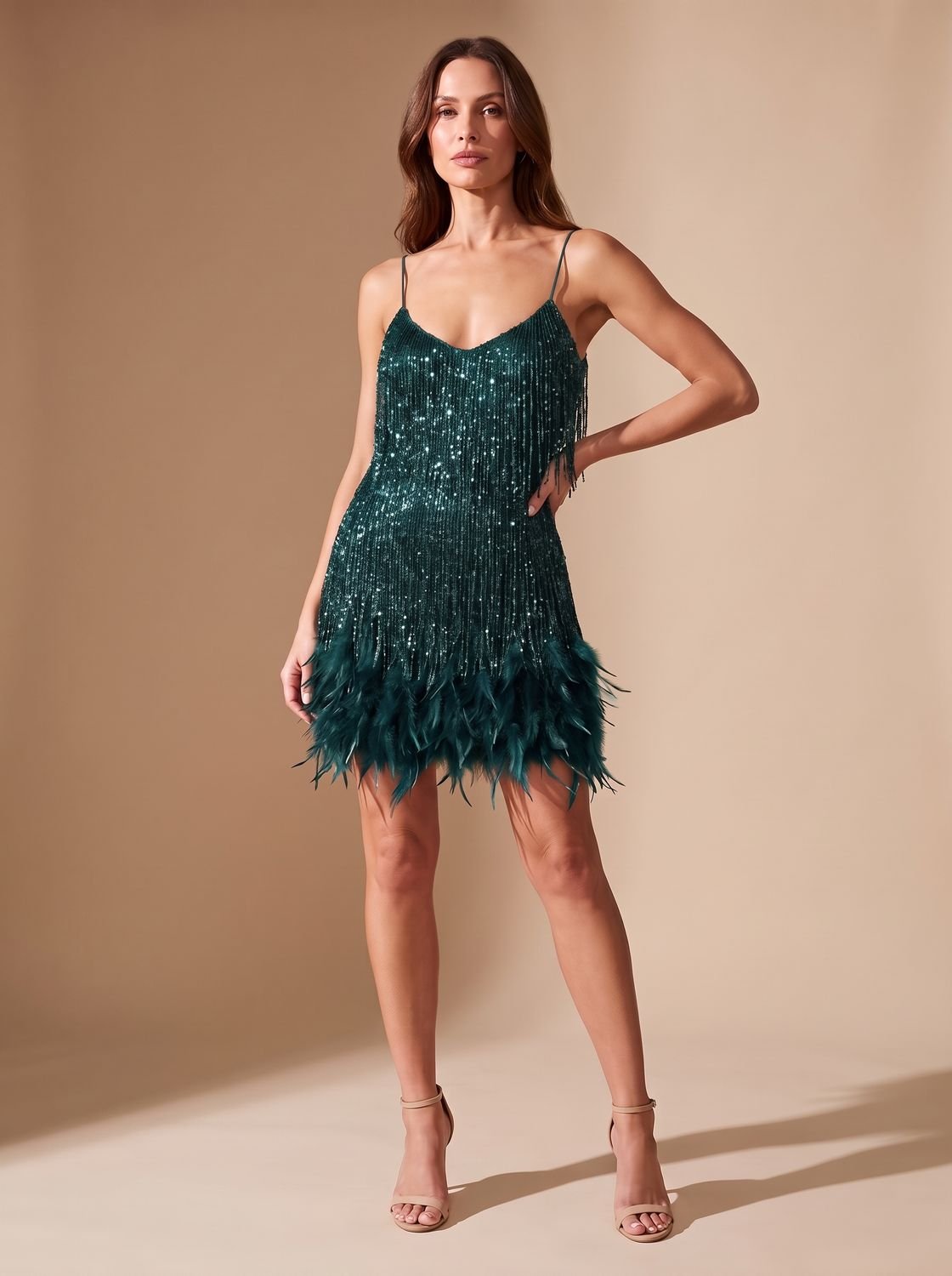 Elegant Sequin Cocktail Mini Dress for Women with Spaghetti-Strap Beaded-Fringe Feather Christmas Holiday Party Style