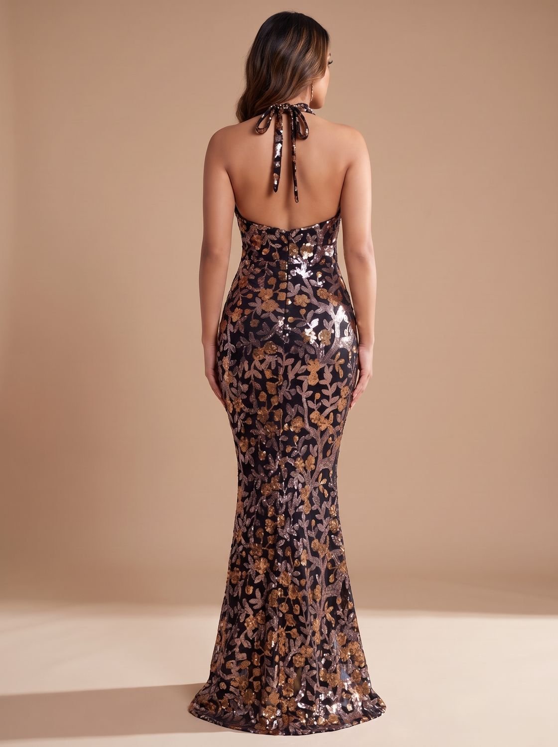 Elegant Floral Sequin Wedding Guest Gown for Women with High Neck Halter Bodycon Floor-Length Formal Style