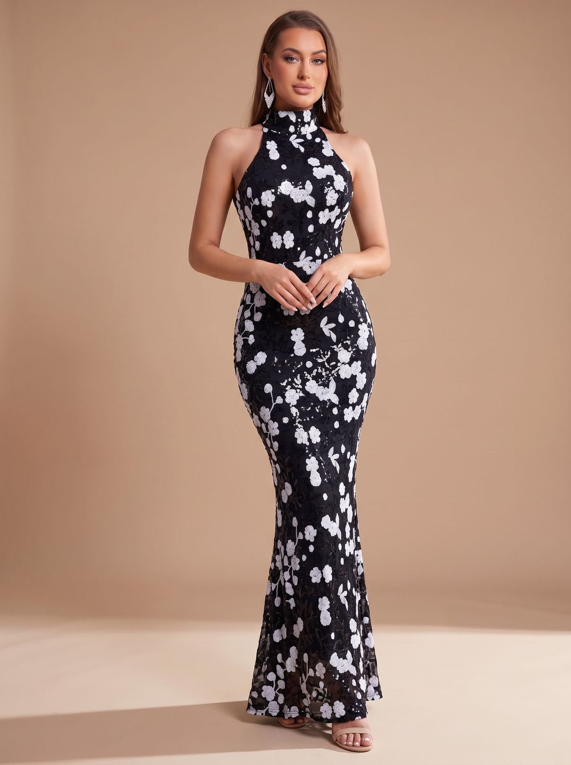 Elegant Floral Sequin Wedding Guest Gown for Women with High Neck Halter Bodycon Floor-Length Formal Style