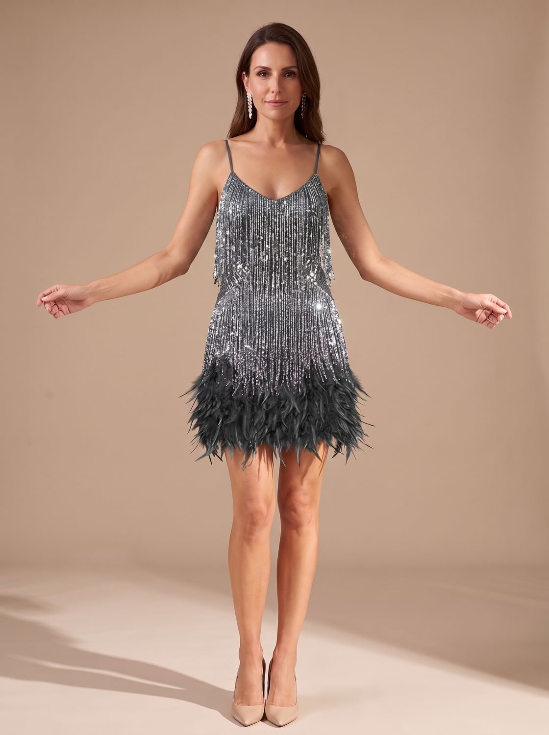 Elegant Sequin Cocktail Mini Dress for Women with Spaghetti-Strap Tiered Fringe Feather Christmas Holiday Party Style