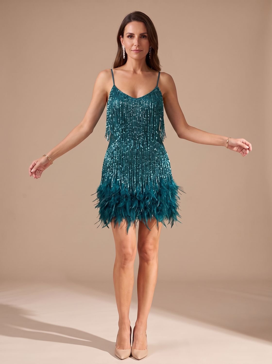 Elegant Sequin Cocktail Mini Dress for Women with Spaghetti-Strap Tiered Fringe Feather Christmas Holiday Party Style