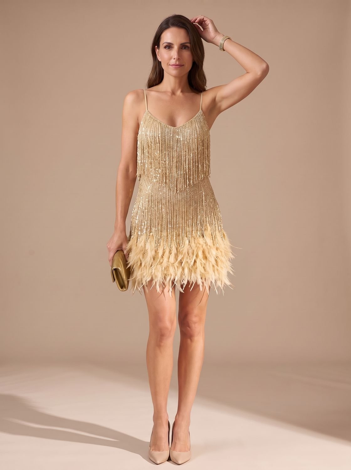 Elegant Sequin Cocktail Mini Dress for Women with Spaghetti-Strap Tiered Fringe Feather Christmas Holiday Party Style
