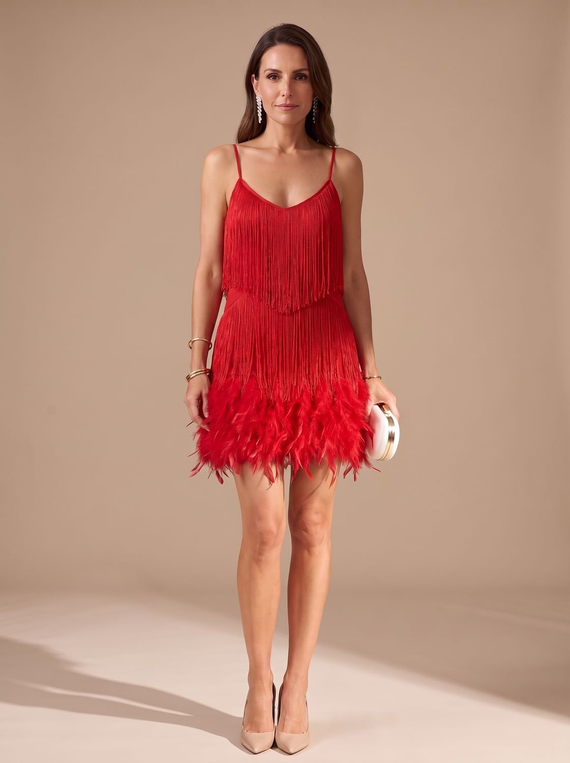 Elegant Sequin Cocktail Mini Dress for Women with Spaghetti-Strap Tiered Fringe Feather Christmas Holiday Party Style