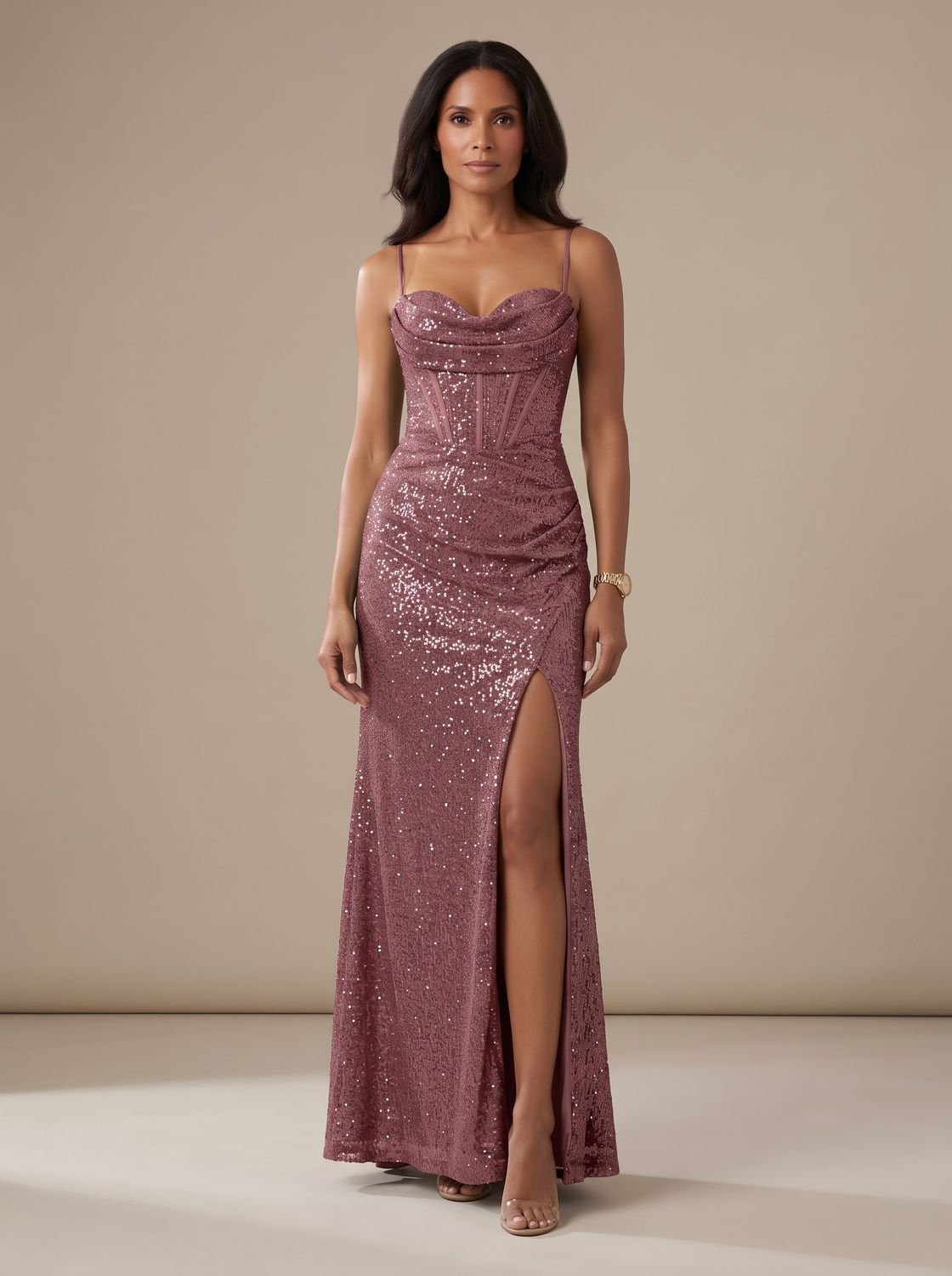 Elegant Formal Wedding Guest Gown for Women with Sequin Sweetheart High-Slit Floor-Length Black-Tie Style