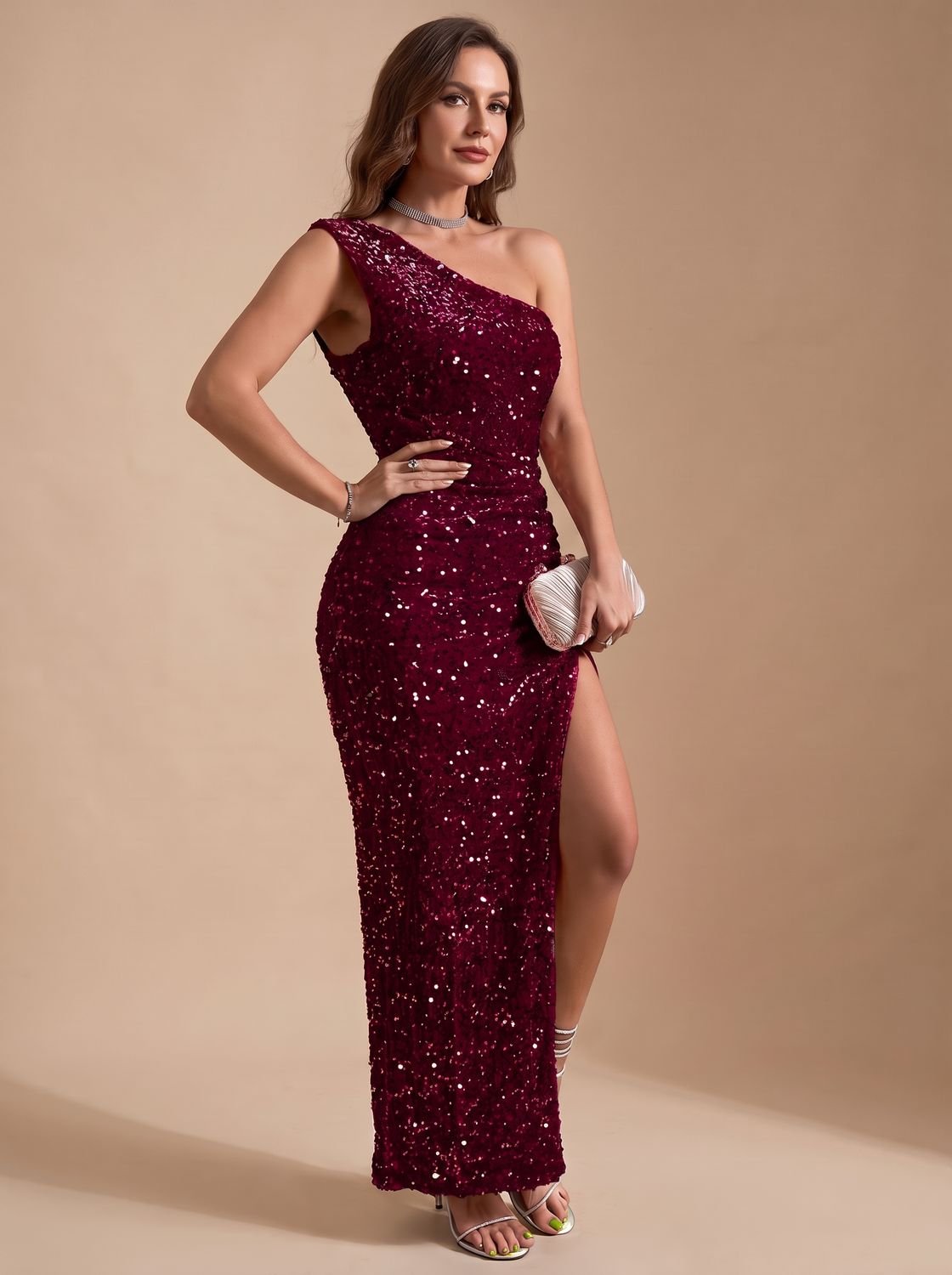 Elegant Sequin Wedding Guest Gown for Women with One-Shoulder High-Slit Bodycon Floor-Length Formal Style