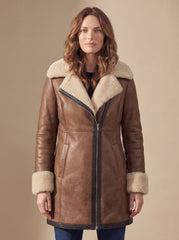 Cozy Faux Leather Shearling Coat for Women with Notched Lapel Long Sleeve Asymmetric Zip Winter Style