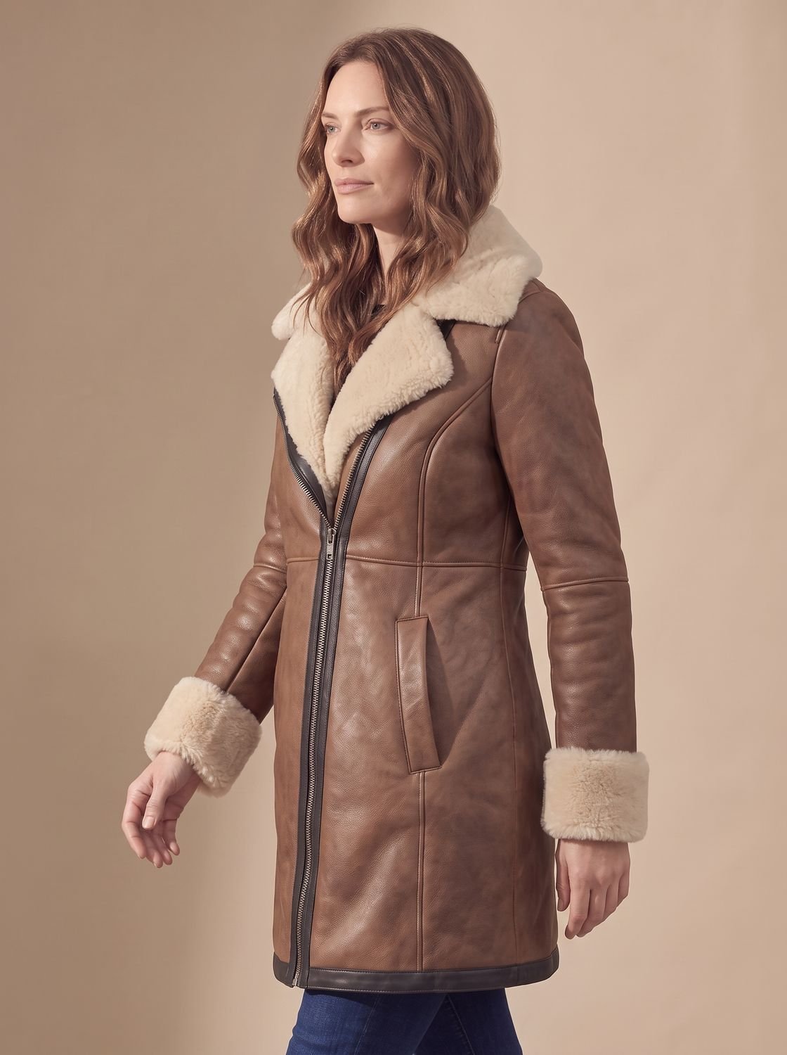 Cozy Faux Leather Shearling Coat for Women with Notched Lapel Long Sleeve Asymmetric Zip Winter Style
